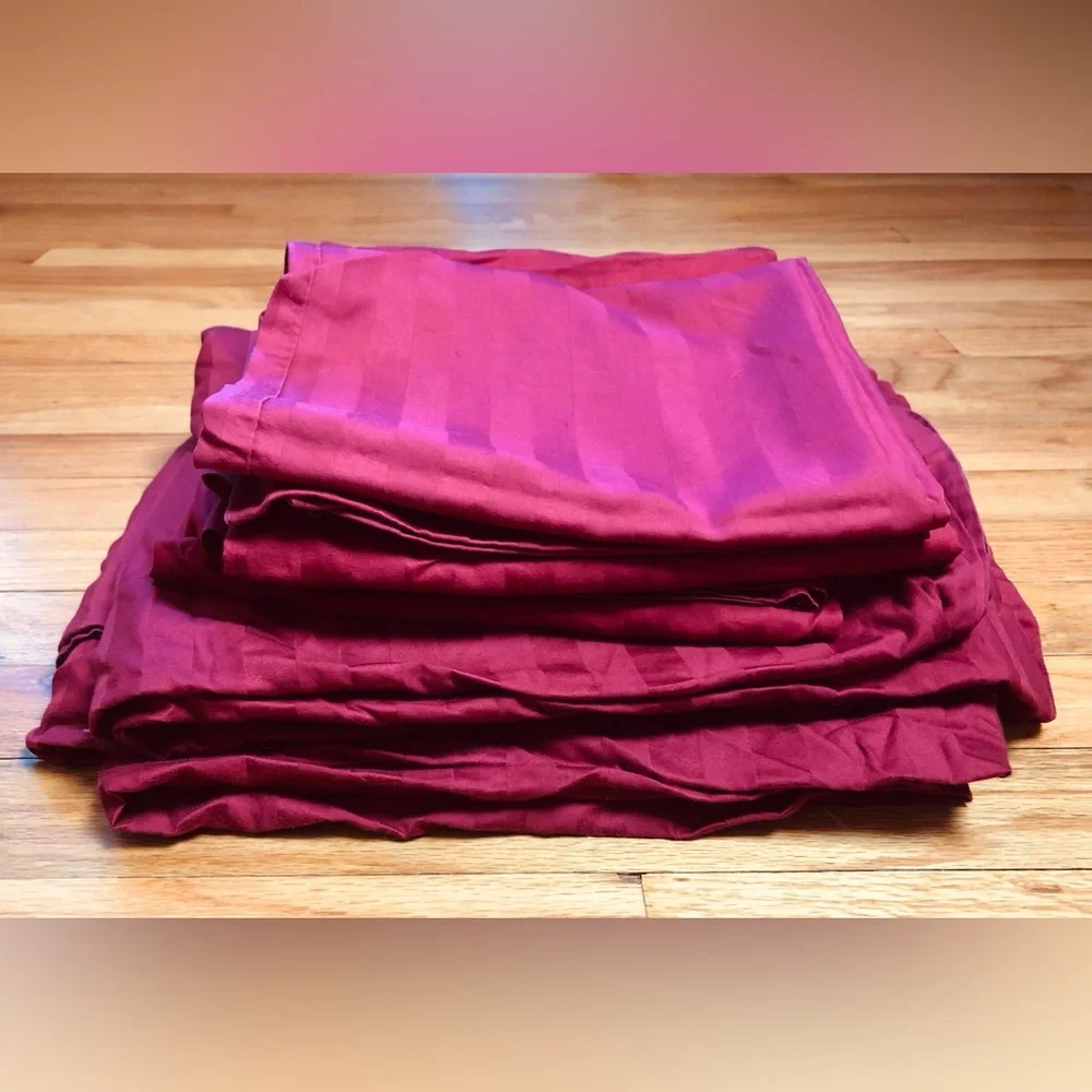 Wamsutta King Sheet Flat 3 pillowcs Damask Stripe Sateen Cotton Garnet Red Dobby